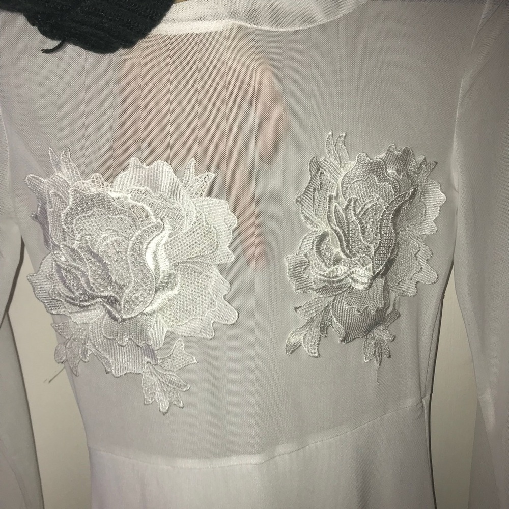 White Dress with Floral Breast Overlays